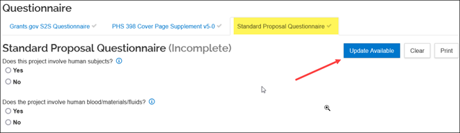 Image showing the update available button on the proposal questionnaire.