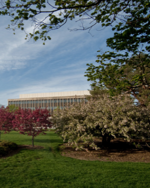 View of the Hannah Administration Building in Spring