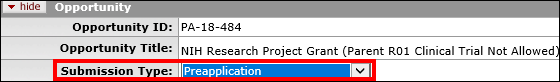 Submission Type dropdown menu indicated on the Opportunity panel