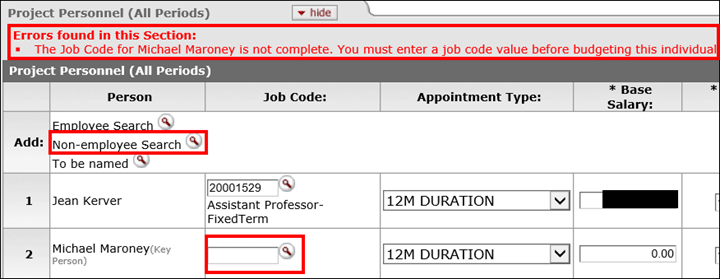 Non-employee error message on Project Personnel panel: The job code for user x is not complete. You must enter a job code value before budgeting this individual.