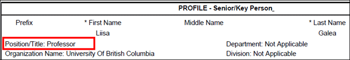 Profile - Senior/Key Person with the Position/Title field highlighted
