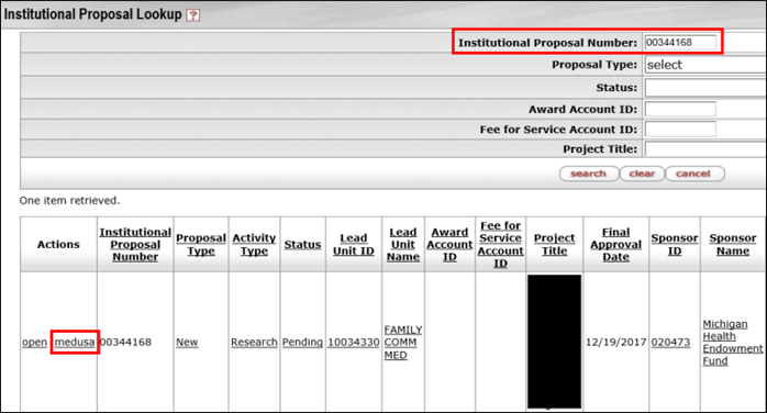 Institutional Proposal Lookup window with the Instiutional Proposal Number and medusa link highlighted