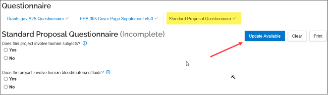 Graphic showing the update available button on the standard proposal questionaire.