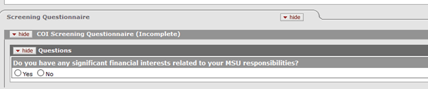 Screening Questionnaire Panel