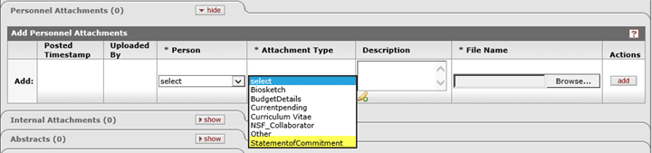 Personnel Attachments panel with Statement of Commitment option highlighted in the Attachment Type dropdown menu