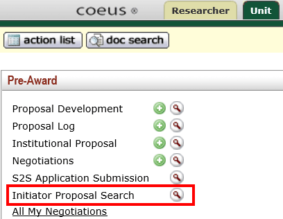 Initiator Proposal Search link indicated on Pre-Award Panel