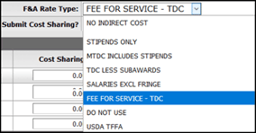Fee for Service - TDC option highlighted in the F and A Rate Type dropdown menu