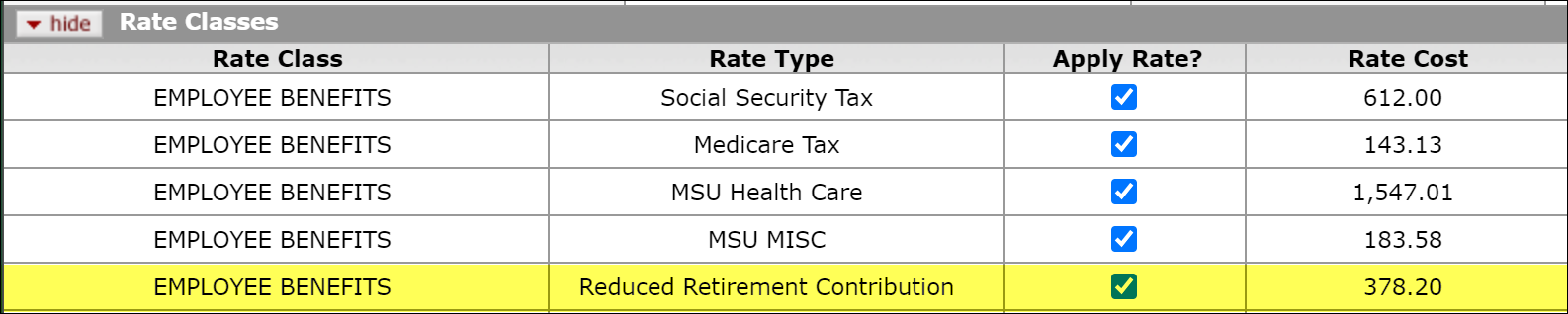 Rate Classes subpanel with the Reduced Retirement Contribution row highlighted