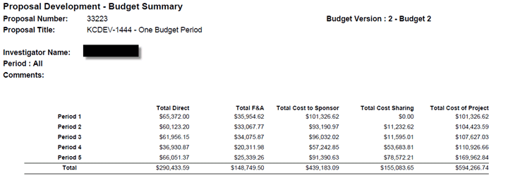 Example of Budget Report showing new summary totals at bottom of the report