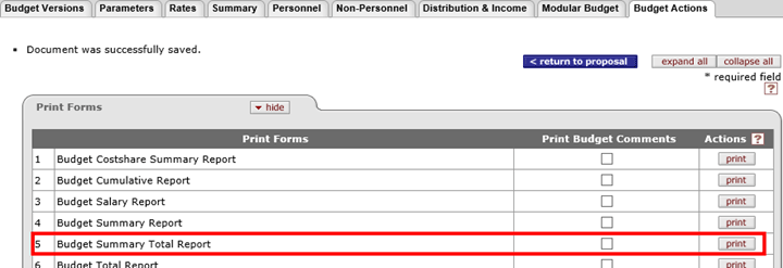 Print Forms subpanel expanded in the Budget Actions tab panel