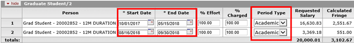 Graduate Student details subpanel showing the same student represented by two line entries with dates matching the academic year and the Period Type changed to Academic