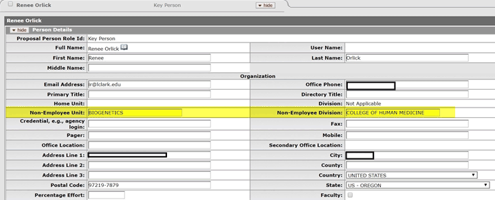 Example Biogenetics unit and College of Human Medicine division information entered into new non-employee fields on Person Details form