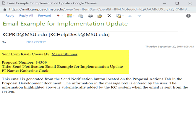 New email notification information highlighted in example email
