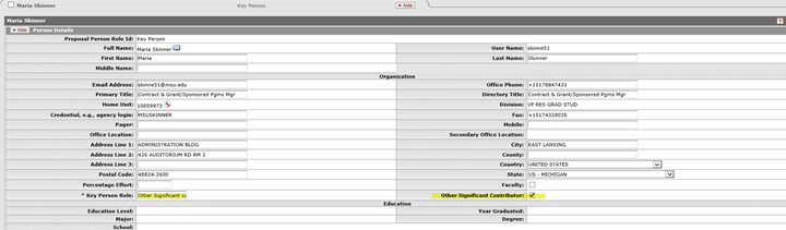 Person Details tab example with key person role of Other Significant Contributor