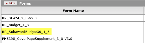 Forms panel showing a subaward budget form example in the Forms list
