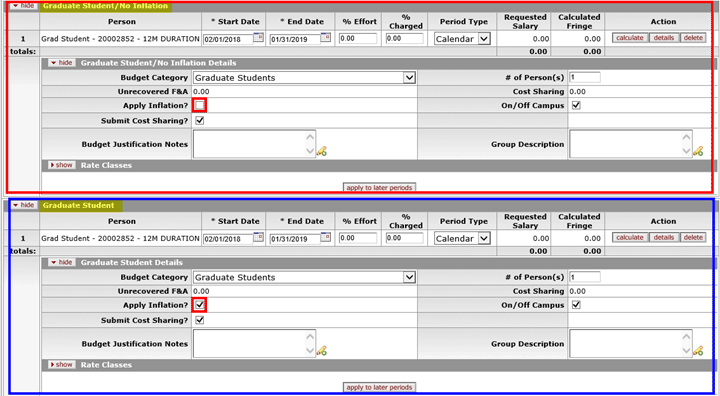 Example of graduate student added to Details subpanel with and without a group