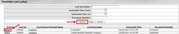 KC Pessimistic Lock Lookup subpanel with the Search button highlighted and example list of locked documents shown with their corresponding delete links
