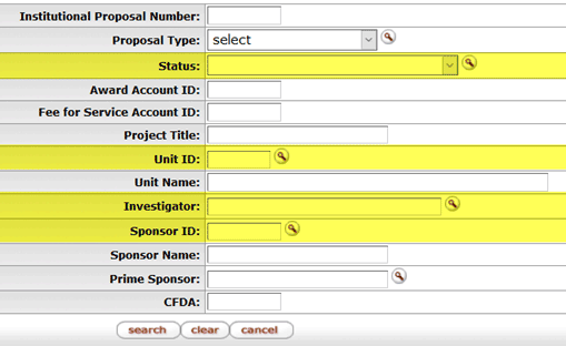 Suggested fields to search highlighted on the Institutional Proposal Search screen