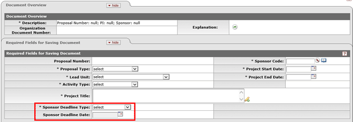 Sponsor Deadline Type and Date fields on the Document Overview Panel's Required Fields for Saving