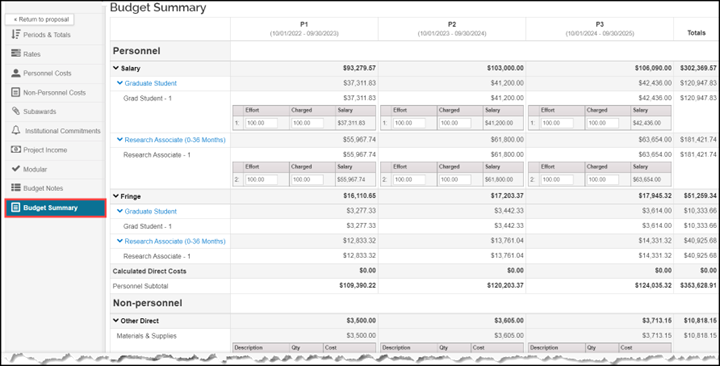 image showing the budget summary screen