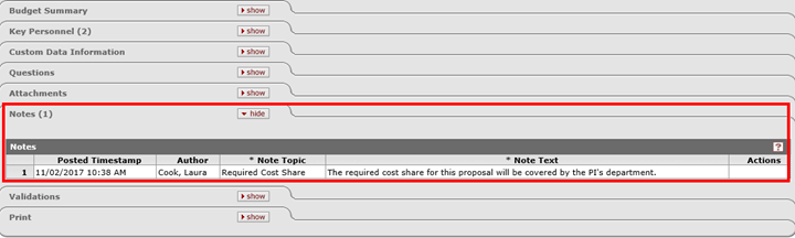 Example of Notes panel with sample note on the Proposal Summary tab