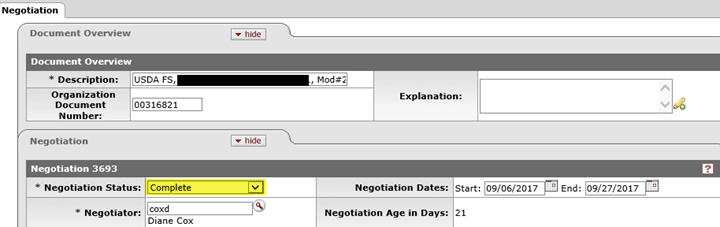 Example of the Negotiation tab with the status highlighted