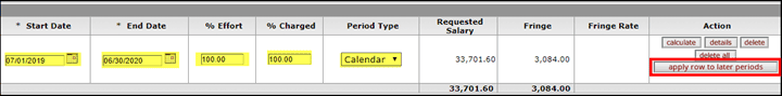 The Apply Row to Later Periods button highlighted on the Budget Module