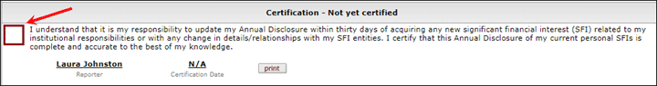 Larger checkbox indicated on certification panel