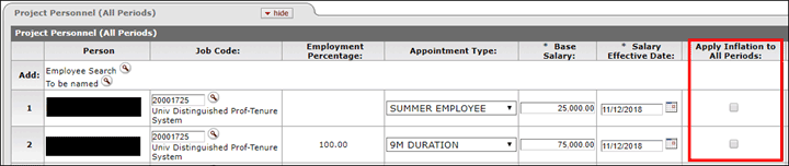The new Apply Inflation to All Periods column checkboxes indicated on the Project Personnel panel
