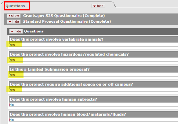 Yes questions shown as sorted on the top of the Standard Proposal Questionnaire list