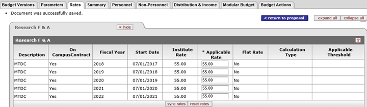 Rates tab showing some example data with the MTDC rate type in the Description column and an on-campus rate of 55 in the Applicable Rate column