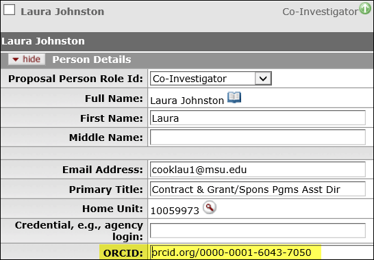 ORCiD Highlighted on Person Details panel