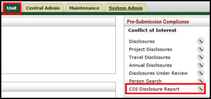 The COI Disclosure Report link shown under the Conflict of Interest section of the Unit tab