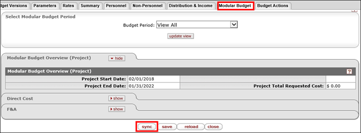 Under the Modular Budget tab, the calculations and totals can be synced