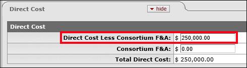 The Direct Cost Less Consortium F&A dollar amount is shown in the Direct Cost panel
