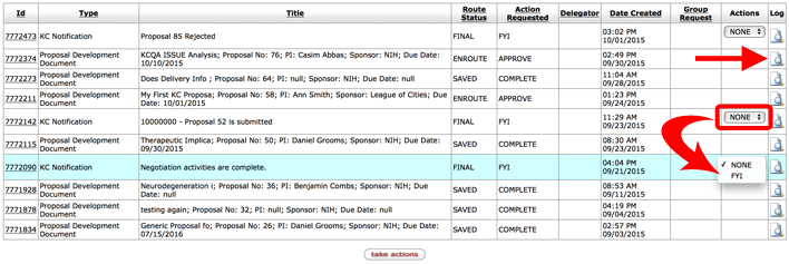 Document Action List with Actions dropdown expanded to show options of None and FYI for example document
