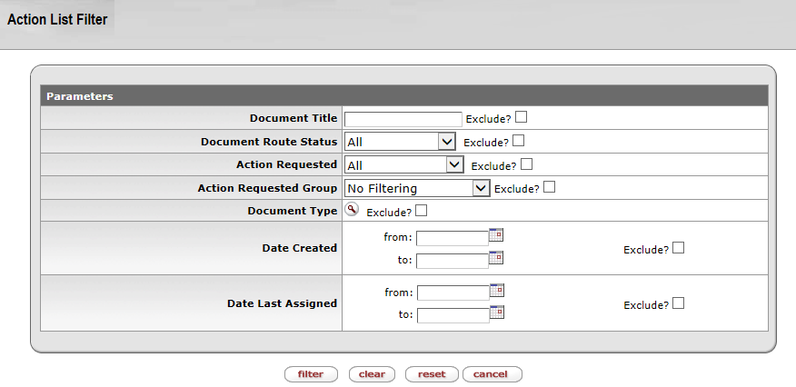 Parameters subpanel showing document filter options such as title, route status, and document type