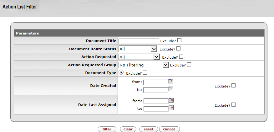 Parameters subpanel showing document filter options such as title, route status, and document type