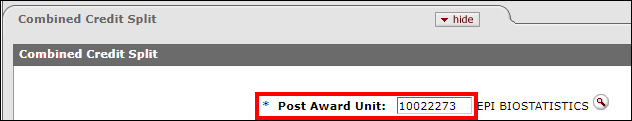 The Post Award Unit’s allocated amount for a second investigator’s line in the Combined Credit Split panel