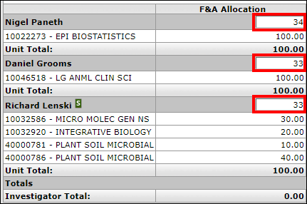 F&A Credit allocations fields in the Combined Credit Split panel