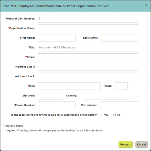 Non-MSU Employee, Performance Site or Other Organization Request