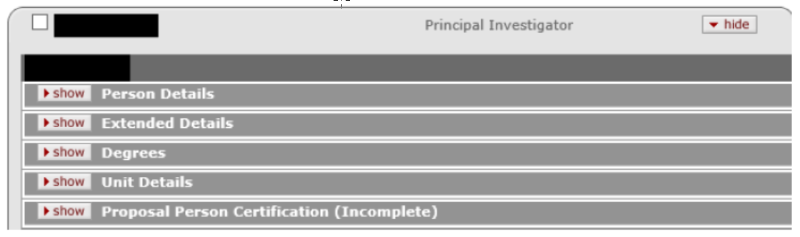 Person Details, Extended Details, and Degrees subpanels in the Principal Investigator panel