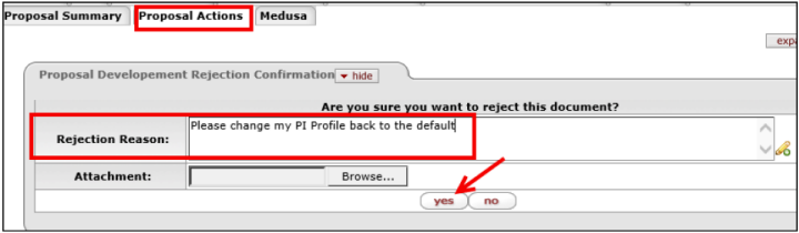 Rejection Reason field highlighted on the Proposal Actions tab panel