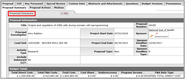 Proposal Summary panel showing example proposal information and budget totals