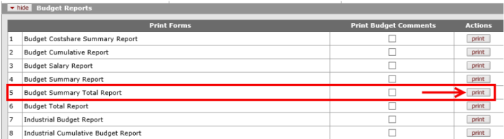 The print button indicated for the Budget Summary Total Report in the Print Forms table of the Budget Reports panel