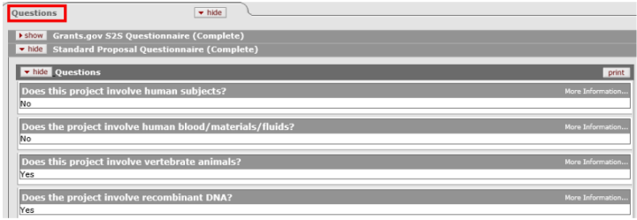 Questions subpanel expanded to show example questions and responses entered for a proposal