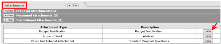 On the Attachments panel, Institutional Attachments subpanel expanded to show example attachments
