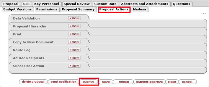 The Proposals Actions tab with the submit button highlighted