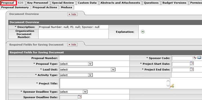 The Proposal Tab in Kuali Coeus