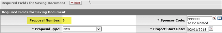 The Proposal Number highlighted on the Required Fields for Saving Document